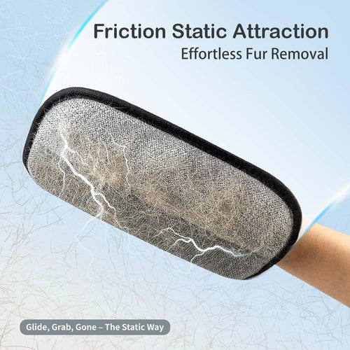 Fur removal tool with text 'Friction Static Attraction' and 'Effortless Fur Removal' on a light blue background.