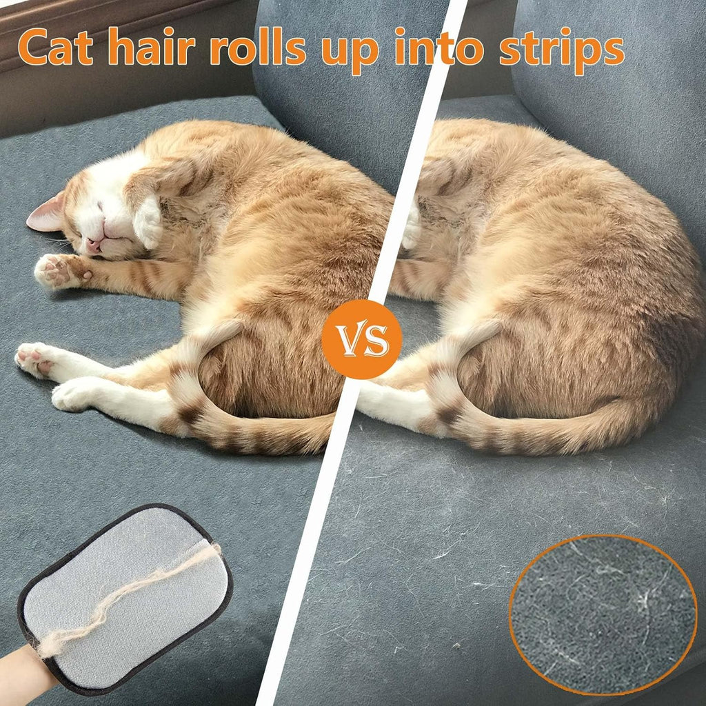 Comparison of cat hair rolling up into strips on a couch with a pet grooming brush.