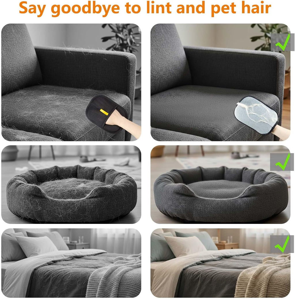Collage of a pet hair removal tool being used on various surfaces with text 'Say goodbye to lint and pet hair'.
