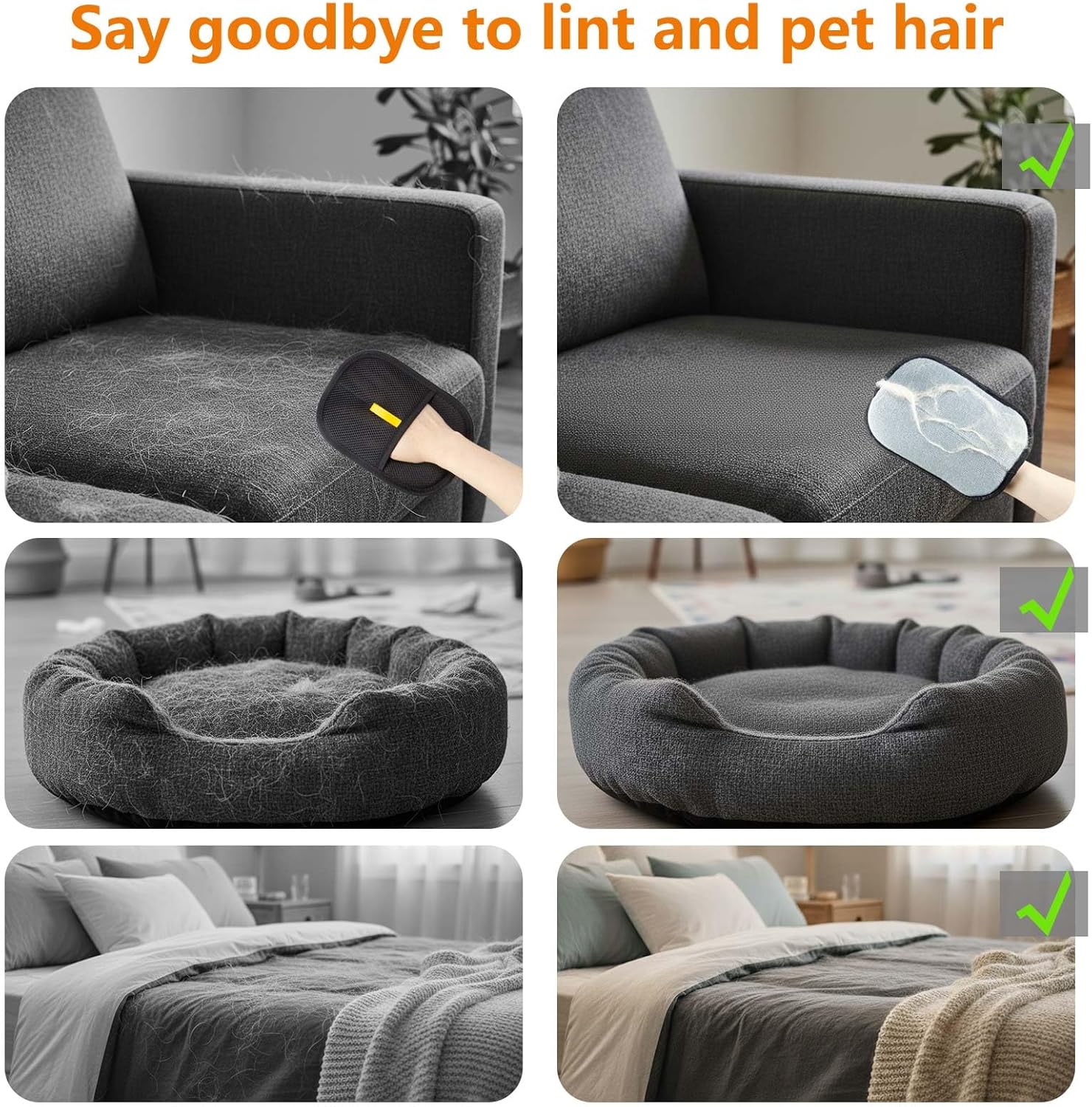 Collage of a pet hair removal tool being used on various surfaces with text 'Say goodbye to lint and pet hair'.