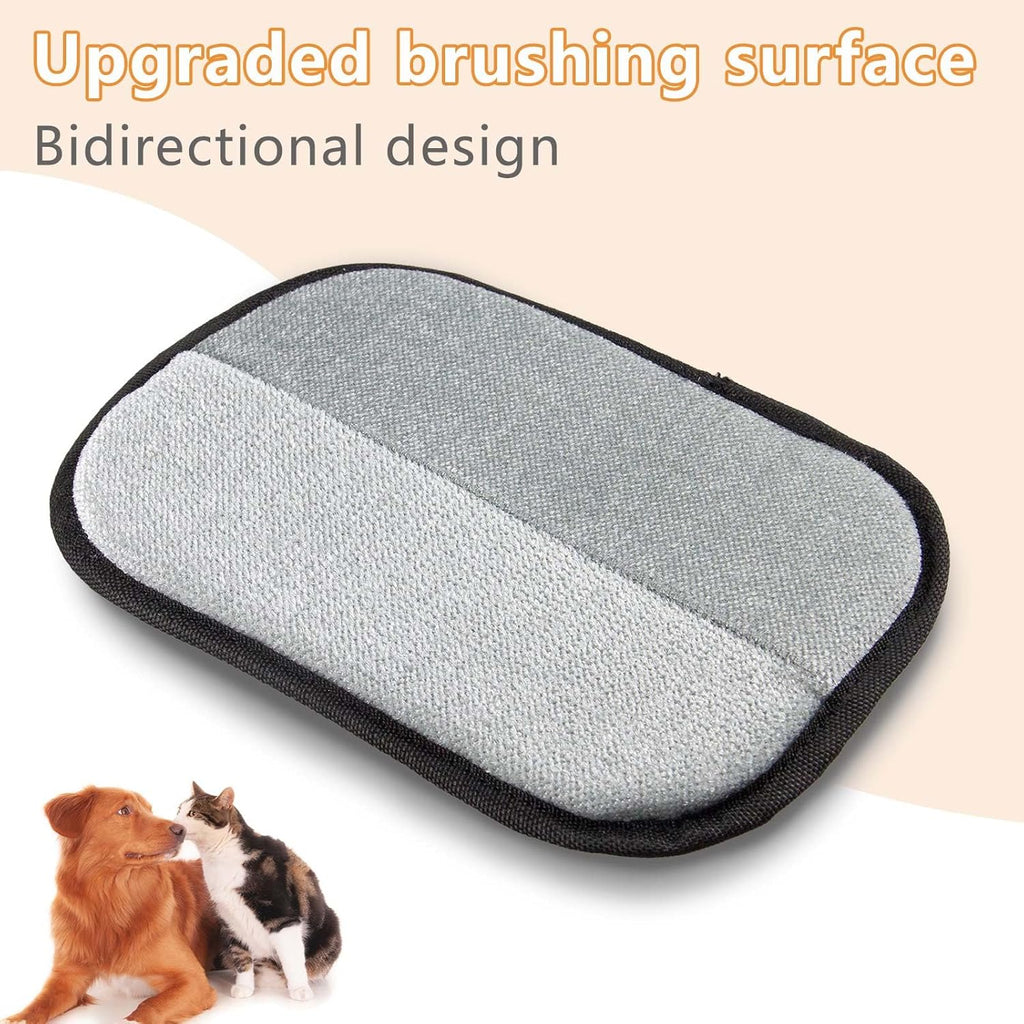 Pet grooming brush with upgraded brushing surface and bidirectional design, featuring two dogs on a light background.