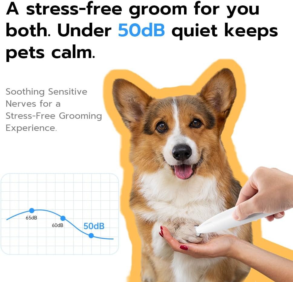 Dog being groomed with a product, text about stress-free grooming and low noise levels.