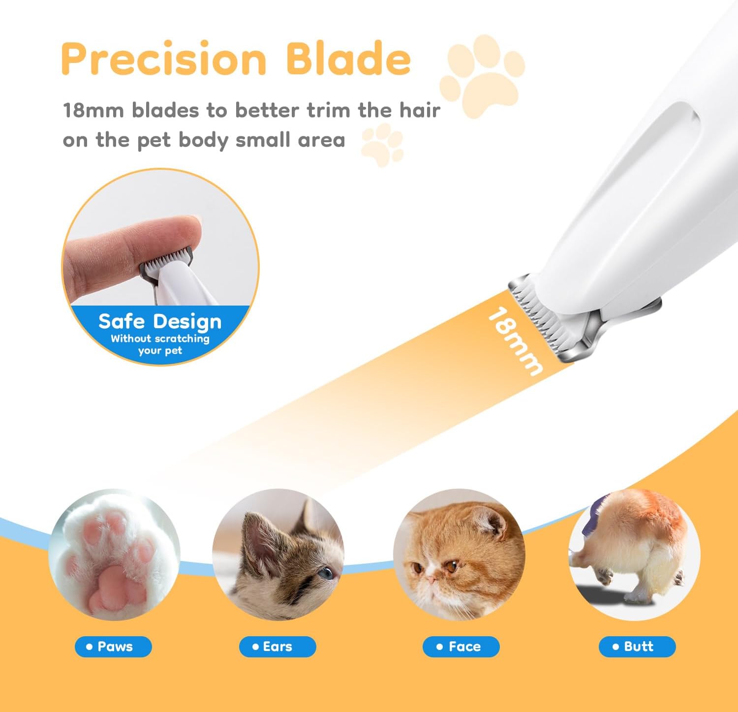 Pet grooming tool with precision blade and safety features, shown on a gradient background with pet images.