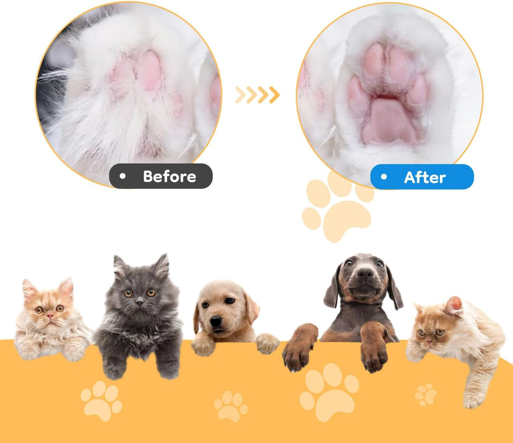 Before and after comparison of a paw pad with additional images of cats and dogs below.