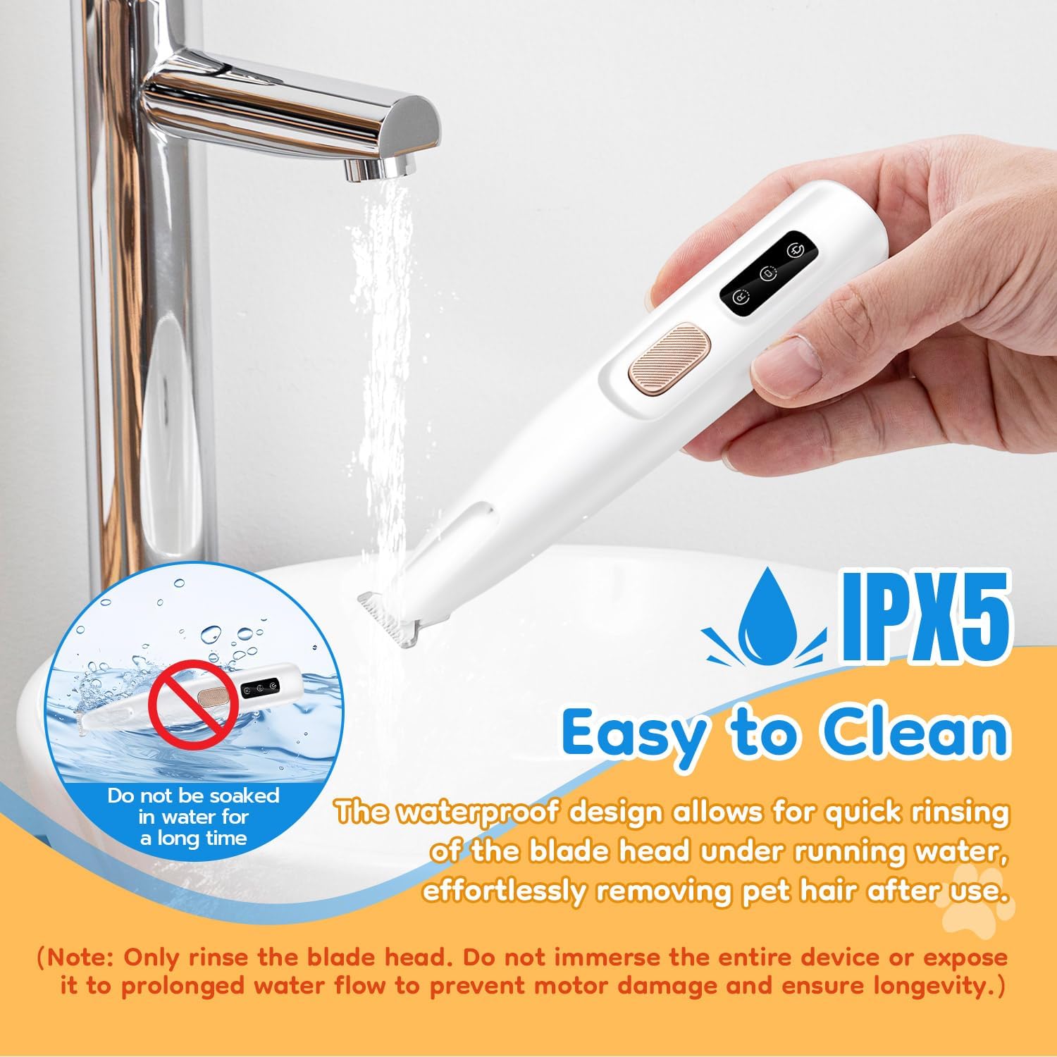 Hand holding a white electronic device with running water and IPX5 rating label.