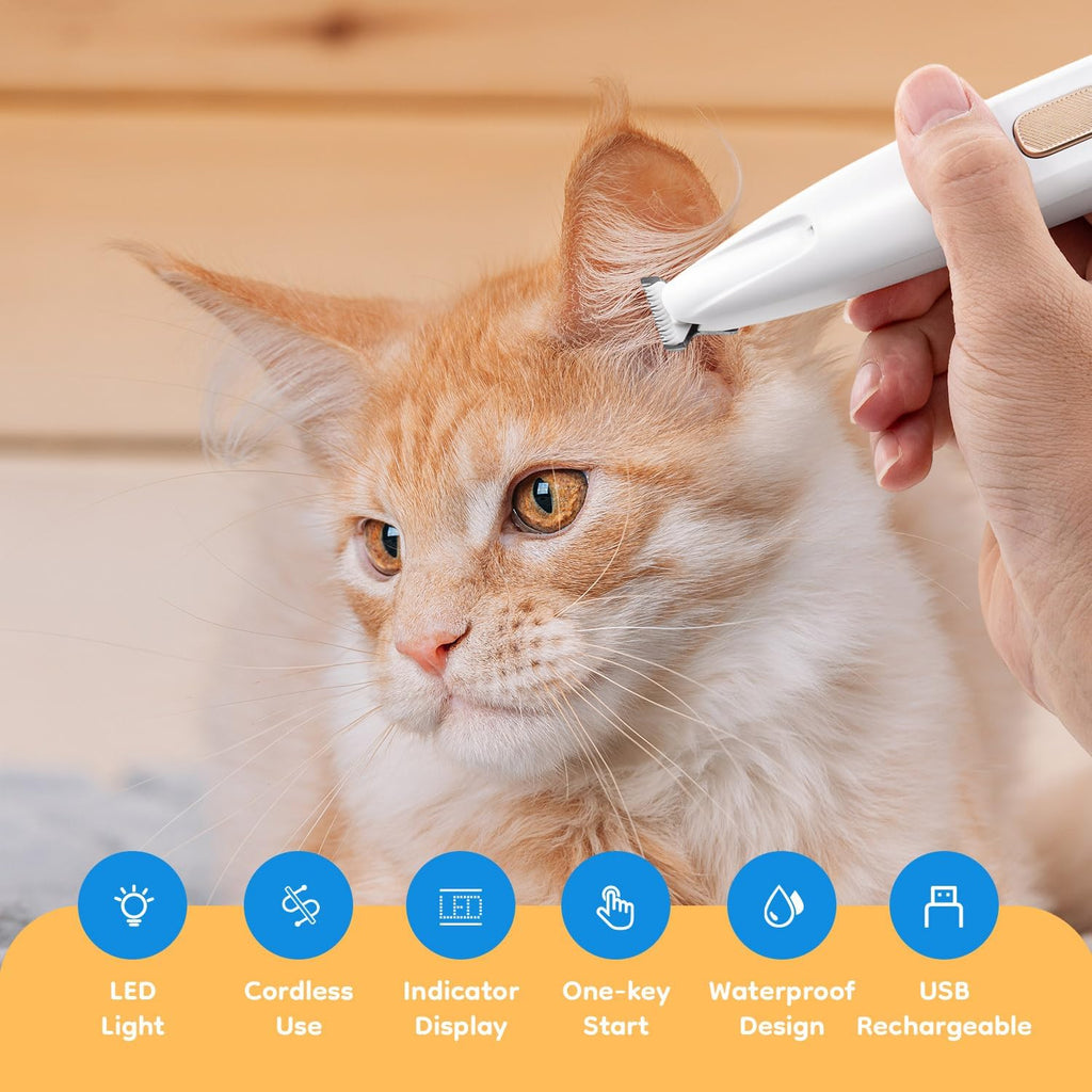 Person grooming a cat with a pet grooming tool, featuring product features on a yellow banner.